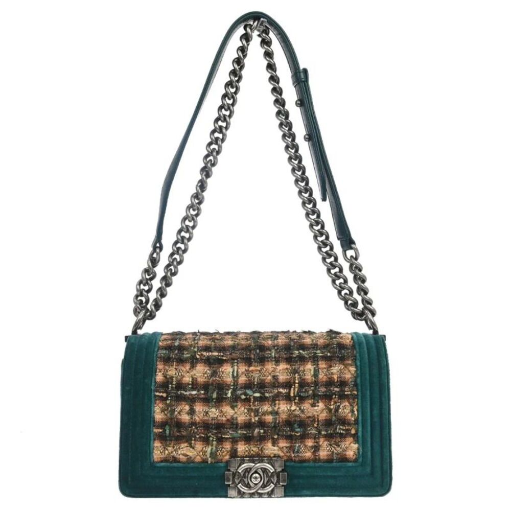 Chanel Boy Flap Quilted Tweed With Velvet Green Velvet Shoulder Bag Bag